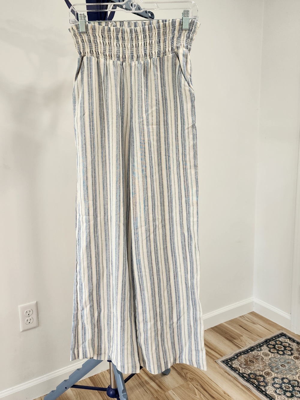 Love Tree Blue and Cream Striped Smocked Waist Pants SZ S USED IN GOOD CONDITION